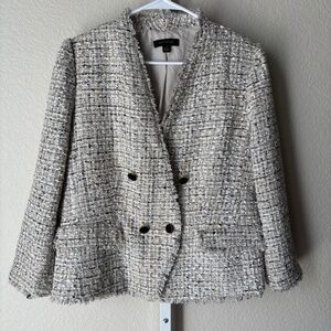 Ann Taylor Fringe Tweed Double Breasted Jacket Blazer Beige Metallic 14 NEW $143